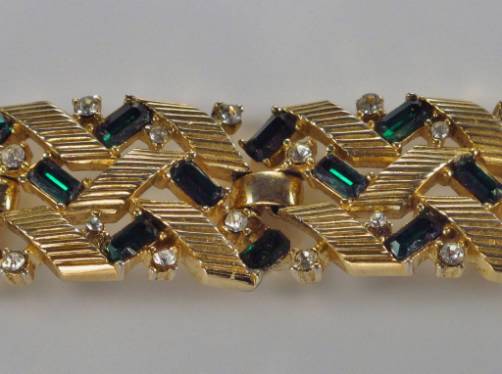 Trifari vintage bracelet green rhinestones on gold gilt, 1960`s ca, American